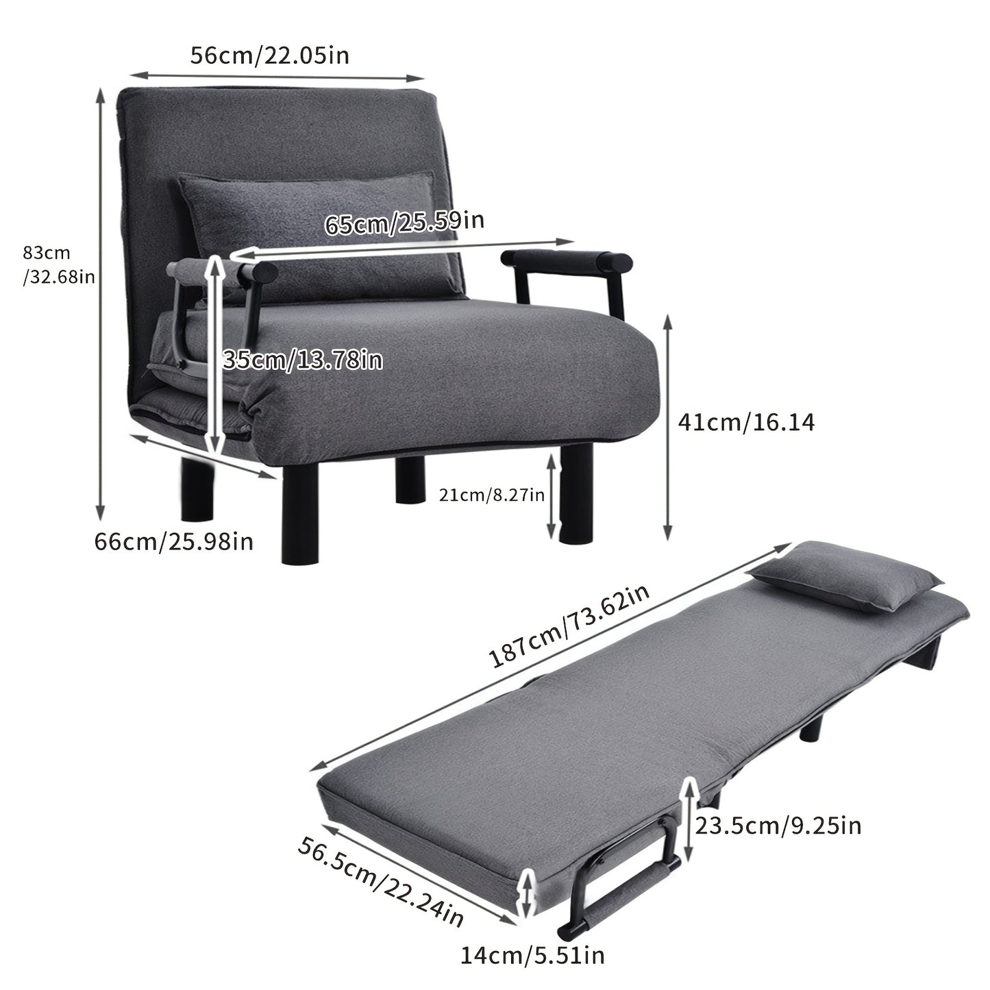 3-in-1 Slaapbank – Inklapbare Bedbank – Relaxstoel – Logeersofa – Zetelbed – Verstelbare Rugleuning – Stevig Metalen Frame – Comfortabele Schuimvulling – Grijs