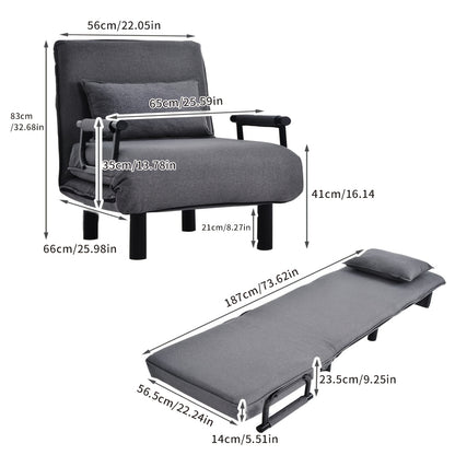 3-in-1 Slaapbank – Inklapbare Bedbank – Relaxstoel – Logeersofa – Zetelbed – Verstelbare Rugleuning – Stevig Metalen Frame – Comfortabele Schuimvulling – Grijs