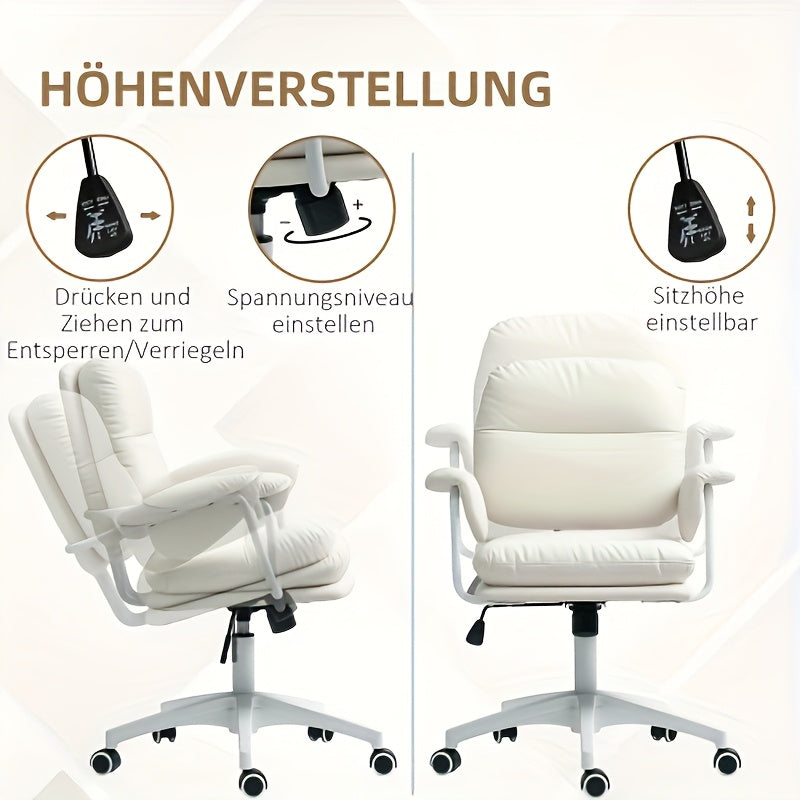 Bureaustoel – Kantoorstoel – Werkstoel – Studiebureaustoel – Draaistoel – Wit – Handmatig Verstelbare Hoogte en Rugleuning – Stevige Wielen Voor Harde Vloeren