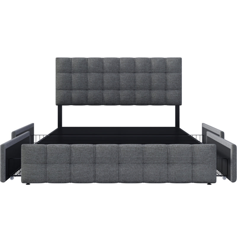 Bedkastenbed – Eenpersoonsbed – Opbergbed – Jeugdbed – Slaapbank – Met Vier Laden – Metalen Frame – Grijze Linnen Bekleding – 140x200 cm – Verstelbaar Hoofdbord