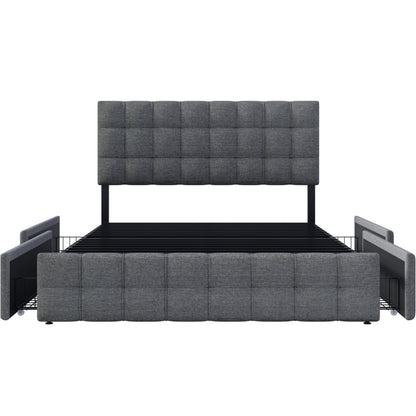 Bedkastenbed – Eenpersoonsbed – Opbergbed – Jeugdbed – Slaapbank – Met Vier Laden – Metalen Frame – Grijze Linnen Bekleding – 140x200 cm – Verstelbaar Hoofdbord