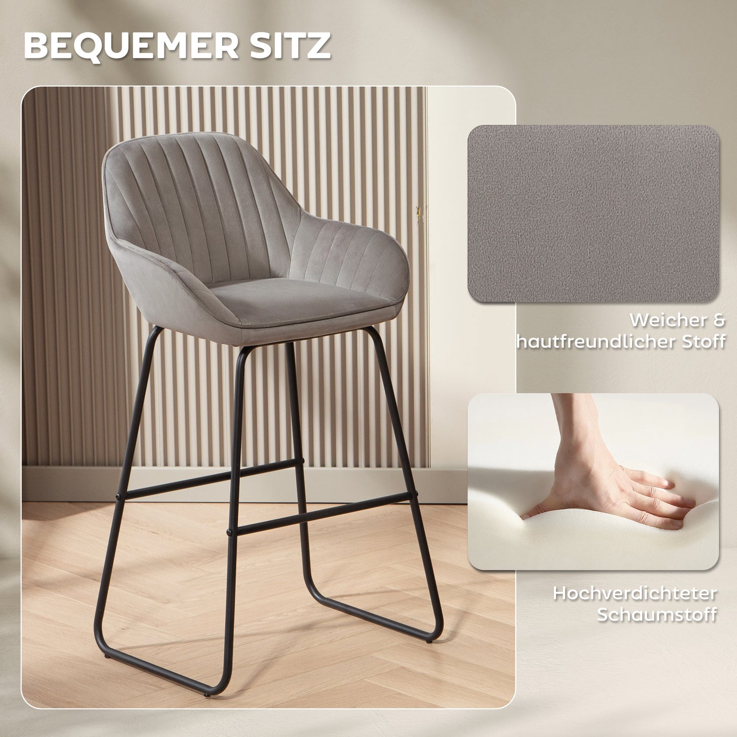 Barkrukken – Barstoelen – Krukken – Stoelen – Barstoelen Set – Grijze Stoffen Bekleding – Foamvulling Comfort – Stevig Metalen Frame
