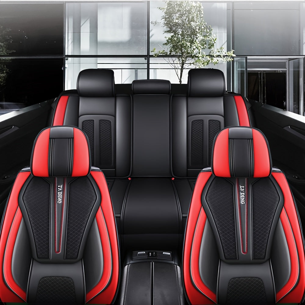 5-seater Luxury Car Seat Cover Faux Leather With 2 Headrest Waist Pillow Suitable For Most Cars SUV Truck Airbags Compatible With Waterproof Breathable