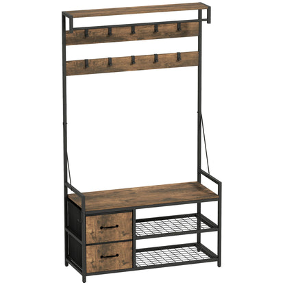 6-in-1 Coat Rack with Shoe Shelf, Industrial Style, 10 Hooks, 2 Fabric Drawers, Metal, Brown