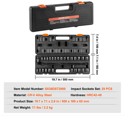 Slagmoersleutel Doppen Set – Slagmoersleutel Bits – Ratelsleutel Set – Sockets Gereedschap – 6-Punts Ontwerp – 29-Delig Met Metalen Opbergtrolley – Duurzaam Gelegeerd Staal