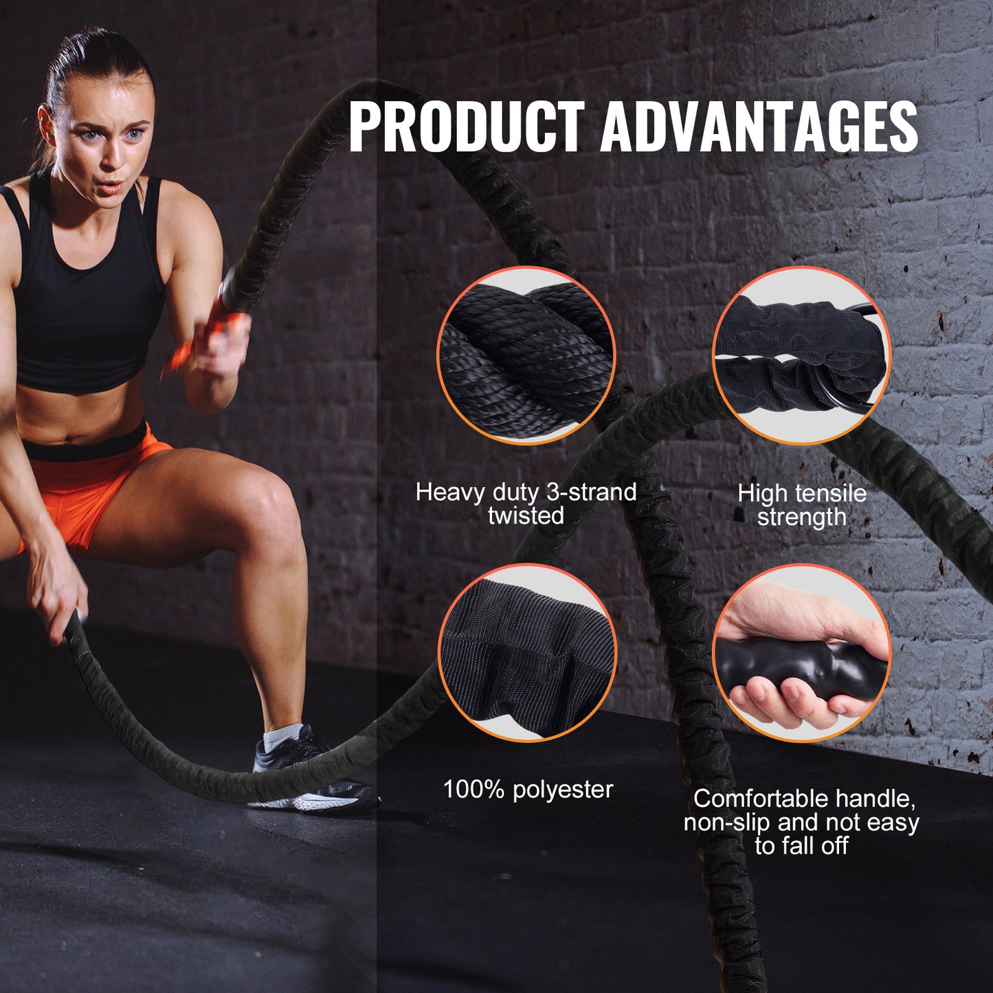 Battle Rope – Krachttouw – Fitness Touw – Trainingskoord – Workout Touw – 12 Meter – 100% Polyester – Inclusief Handvatten en Beschermhoes