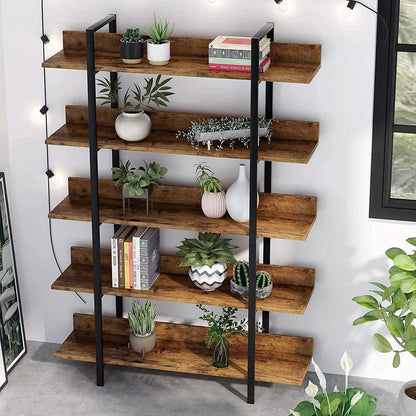 Industrieel Boekenkast – Open Kast – Opbergrek – Boekenplank – Stellingkast – Vintage Bruin – Stalen Frame – 5 Laags Met Kunststof Hout – Compact En Vrijstaand – Eenvoudige Montage