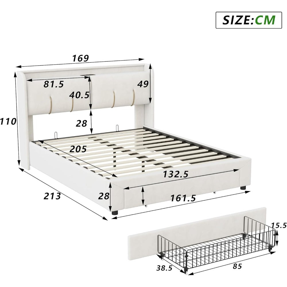 Tweepersoonsbed – Opbergbed – Ladebed – Gestoffeerd Bed – Slaapbank – 160x200 cm – Hydraulische Opbergruimte – Verstelbaar LED-Hoofdbord Met USB