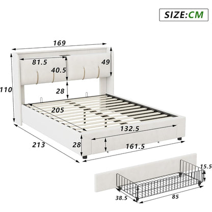Tweepersoonsbed – Opbergbed – Ladebed – Gestoffeerd Bed – Slaapbank – 160x200 cm – Hydraulische Opbergruimte – Verstelbaar LED-Hoofdbord Met USB