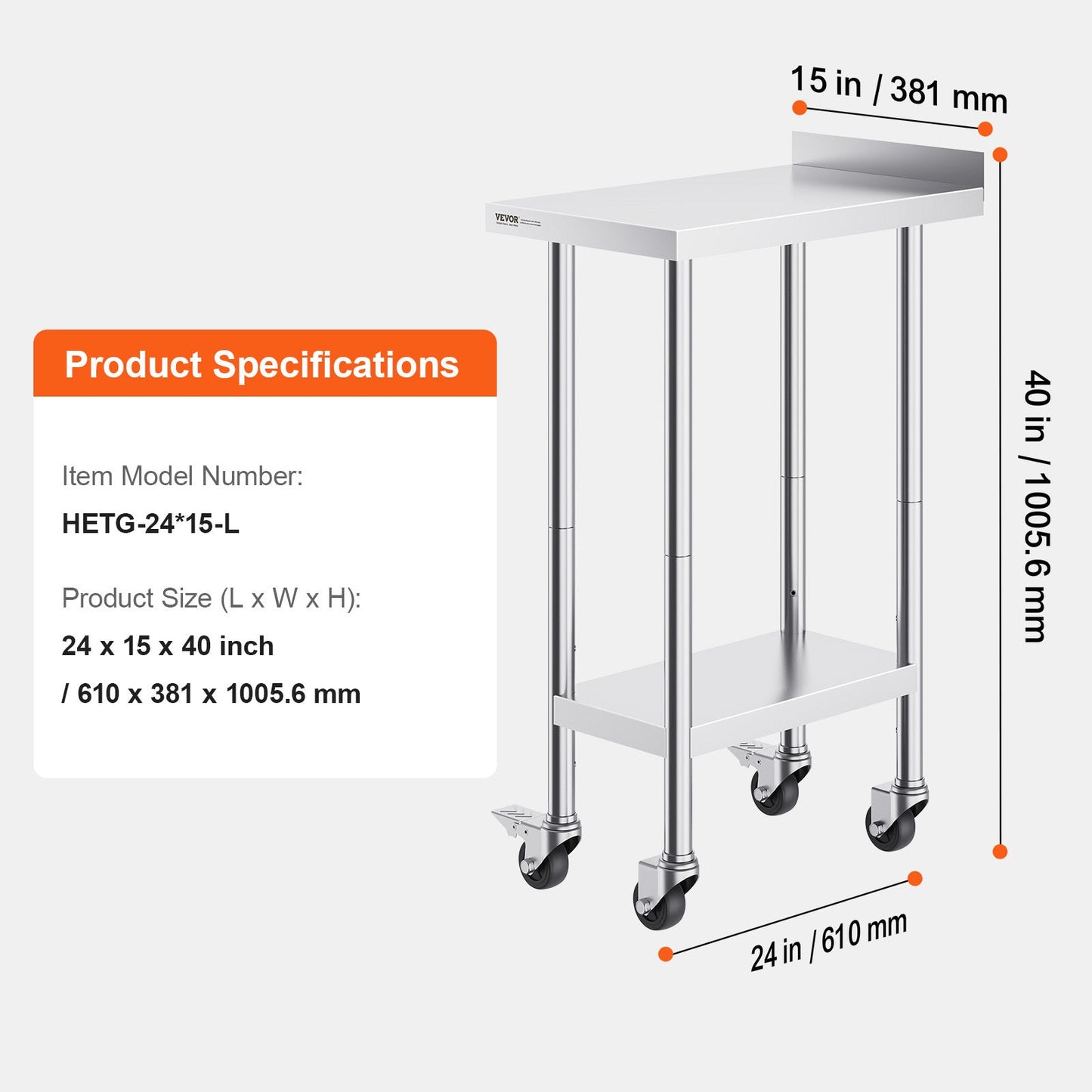 Roestvrijstalen Werktafel – Werkbank – Keukentafel – Prep Tafel – RVS Werkblad – 24"x15" – Verstelbare Legplanken – Wieltjes Met Rem