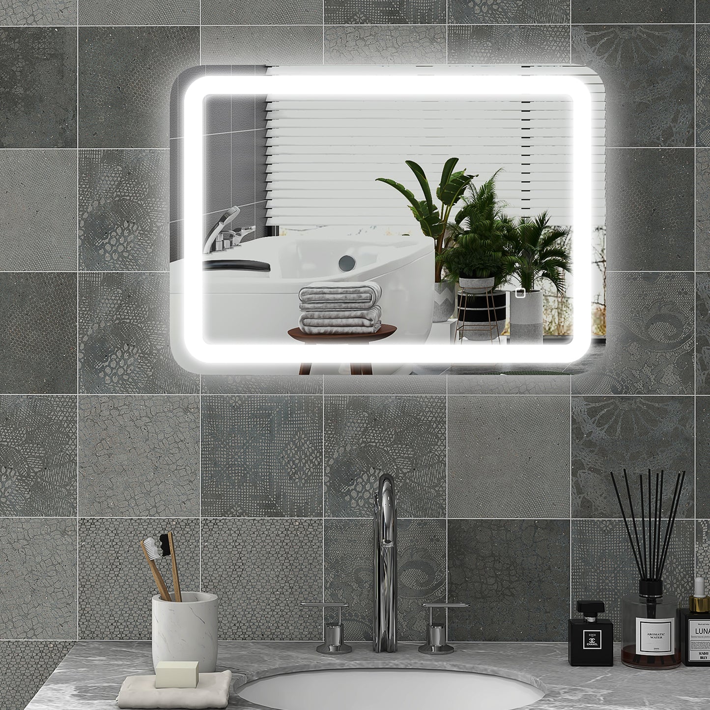 Bathroom Mirror, Illuminated, Touch Control, Fog-Free, Dimmable, 3 Light Colors, 50X70, Silvery