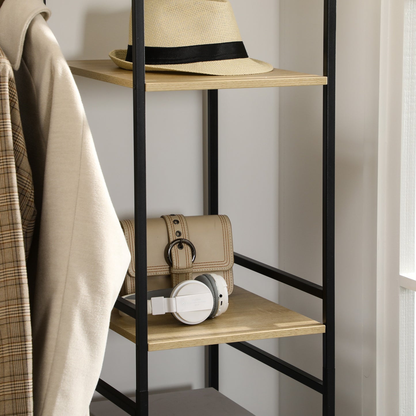 kledingrek – garderoberek – kledingstandaard – kledinghanger – droogrek – industrieel design – metalen frame met houten planken – 100x46x170,5 cm – inclusief wandbevestiging