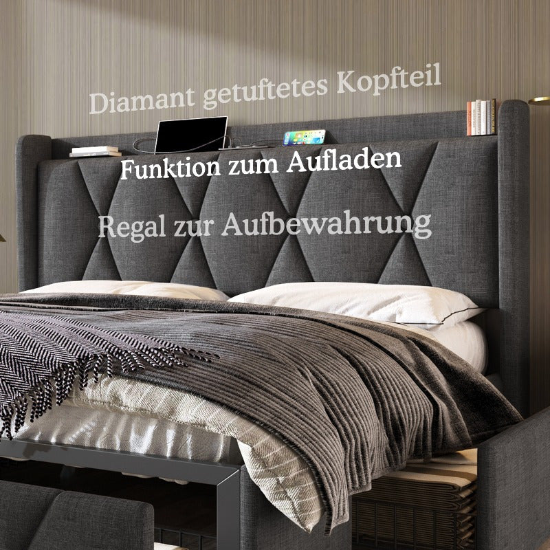 Bedframe 140x200 – Tweepersoonsbed – Opbergbed – Gestoffeerd Bed – Lattenbodem – Grijs – Met Opberglades en Hoofdeinde – Inclusief Matras en Houten Latten
