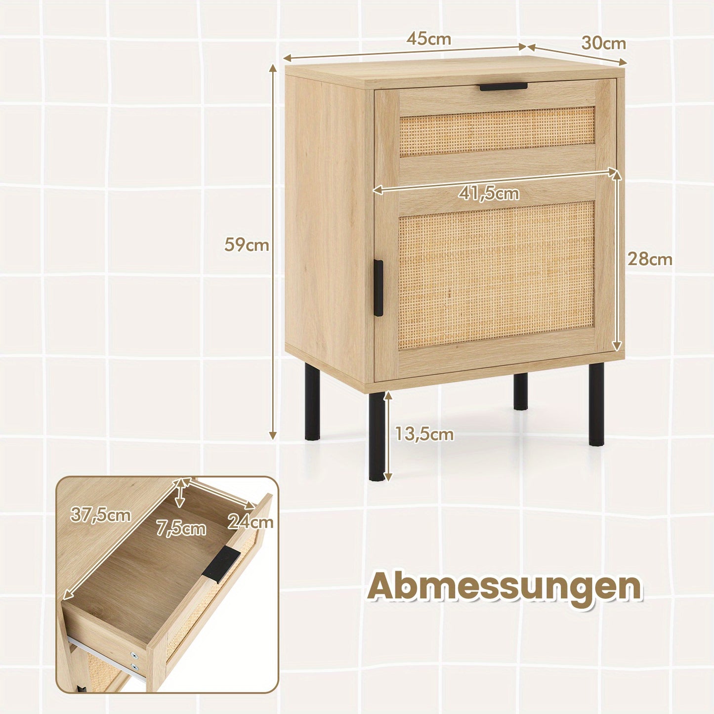 Nachtkastje – Bedside Table – Opbergkastje – Slaapkamerkastje – Tafeltje – Set Van 2 – Natuurlijk Rattan Met Metalen Poten – Lade En Kastje