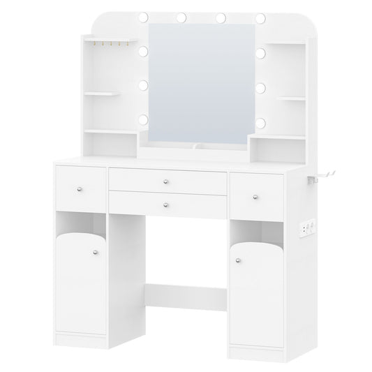 Make-up Tafel – Kaptafel – Make-up Bureau – Beautymeubel – Sieradentafel – Wit – LED Verlichting Met Stekker – Grote Werkblad 108 Cm