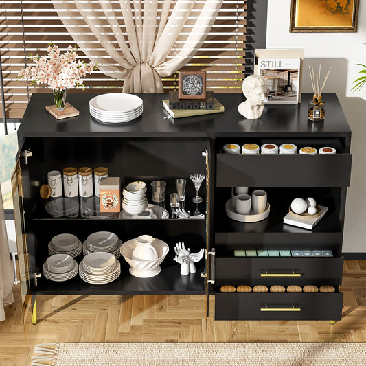 Dressoir – Opbergkast – Ladekast – Kast – TV-meubel – Lichtgewicht – Teal Glazen Deur – Gouden Metalen Poten