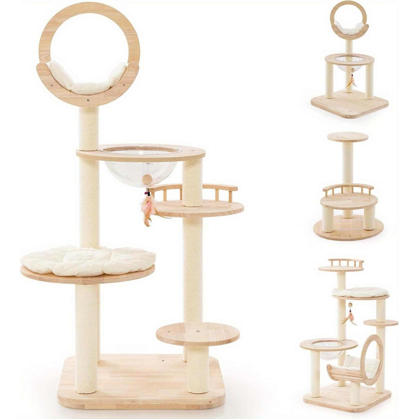 Krabpaal – Kattenboom – Krabmeubel – Kattenhuis – Krabtoren – 4-in-1 Modulair Ontwerp – Duurzaam Rubberwood 60x60x146 cm – Geschikt Voor Meerdere Katten