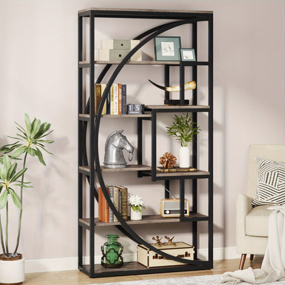 Boekenkast – Vakkenkast – Boekenrek – Opbergkast – Wandkast – 6 Lagen – Geometrisch Design – 179,83 cm Hoog – Retrogrijs Hout Met Zwart Metaal – Sterk En Duurzaam – Eenvoudig Te Monteren