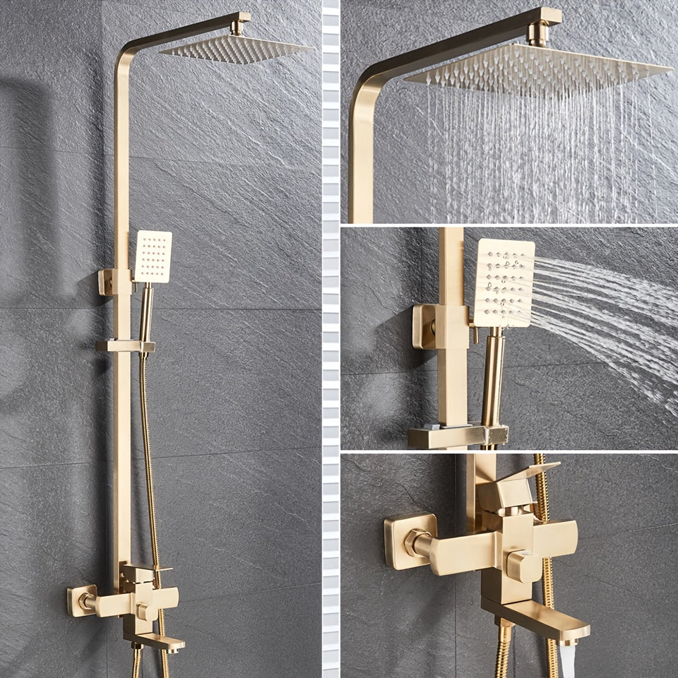 Douche Systeem – Douchekolom – Douchepaneel – Doucheplank – Wanddouche – Geborsteld Goud – Stevig Metaal – Ingebouwde Kraan
