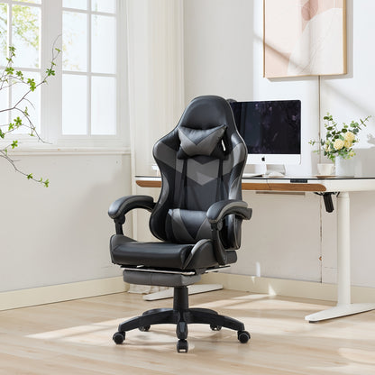 Gamingstoel – Gamestoel – Gaming Chair – Game Stoel – Bureaustoel – 360° Draaibaar – Verstelbare Hoogte – Met Voetsteun – Hoofdsteun – Lendensteun – Zwart-Grijs
