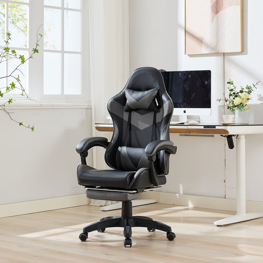 Gamingstoel – Gamestoel – Gaming Chair – Game Stoel – Bureaustoel – 360° Draaibaar – Verstelbare Hoogte – Met Voetsteun – Hoofdsteun – Lendensteun – Zwart-Grijs