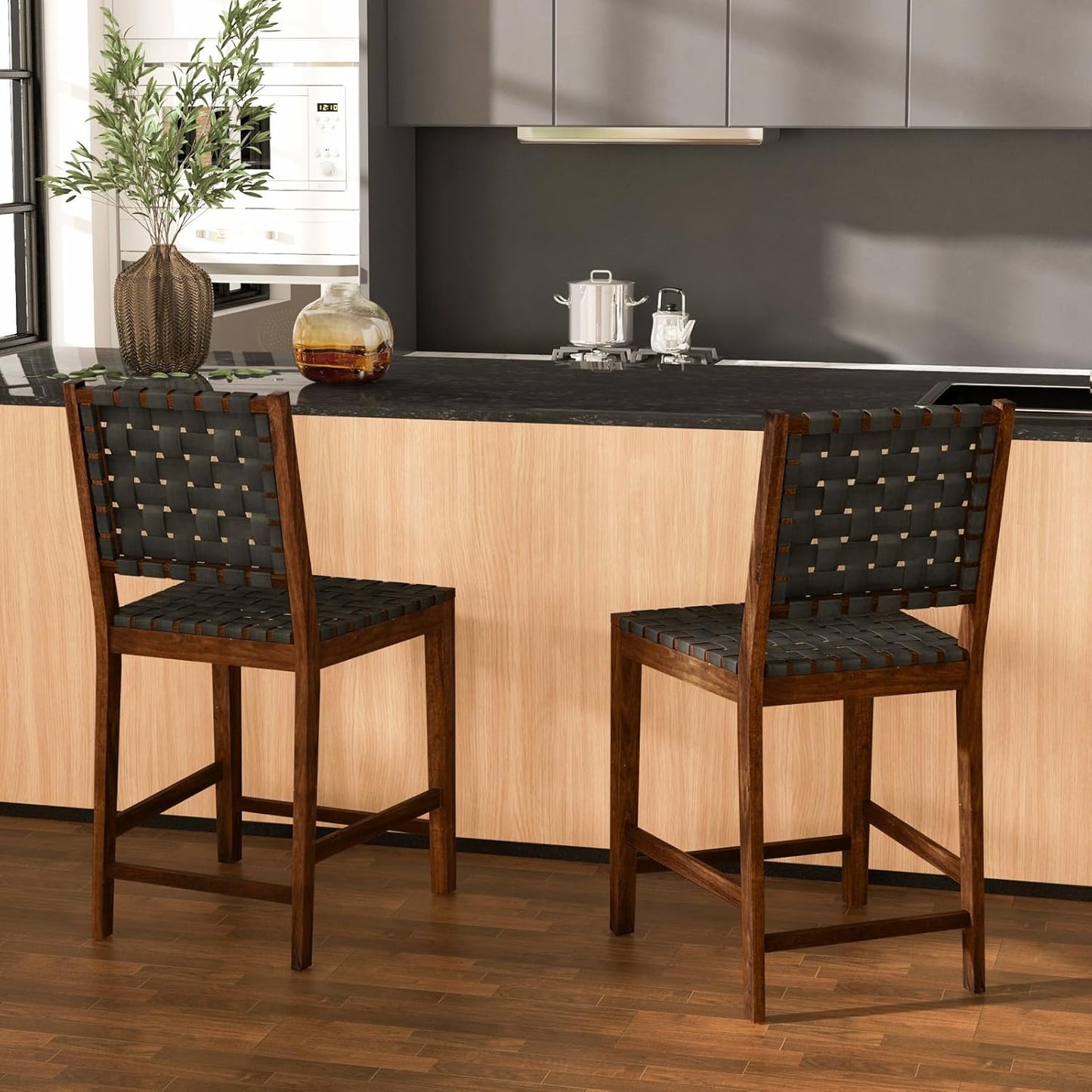 Eetkamerstoel – Keukenstoel – Bistrostoel – Stoel – Zitkruk – Met Gevlochten Kunstleren Rugleuning – Houten Frame – Zithoogte 61 cm – Draagvermogen 150 kg