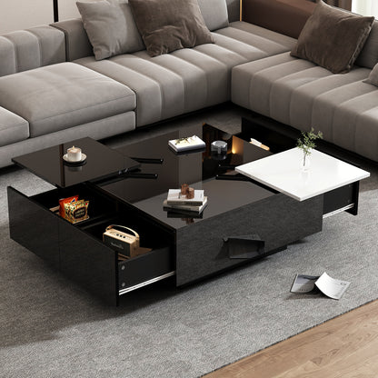 Salontafel – Koffietafel – Tafel – Bijzettafel – Opbergtafel – Zwart Hoogglans Met Wit Uitschuifbaar Blad – Duurzaam Hardhout – Compact Ontwerp Voor Kleine Ruimtes