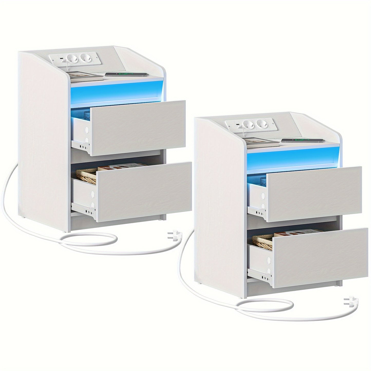 Nachtkastje – Bijzettafel – Ladekastje – Opbergkast – Nachtkast – Set Van 2 – Met LED-verlichting – USB- en Stopcontacten – Wit – 35x40x58 cm – Spaanplaat
