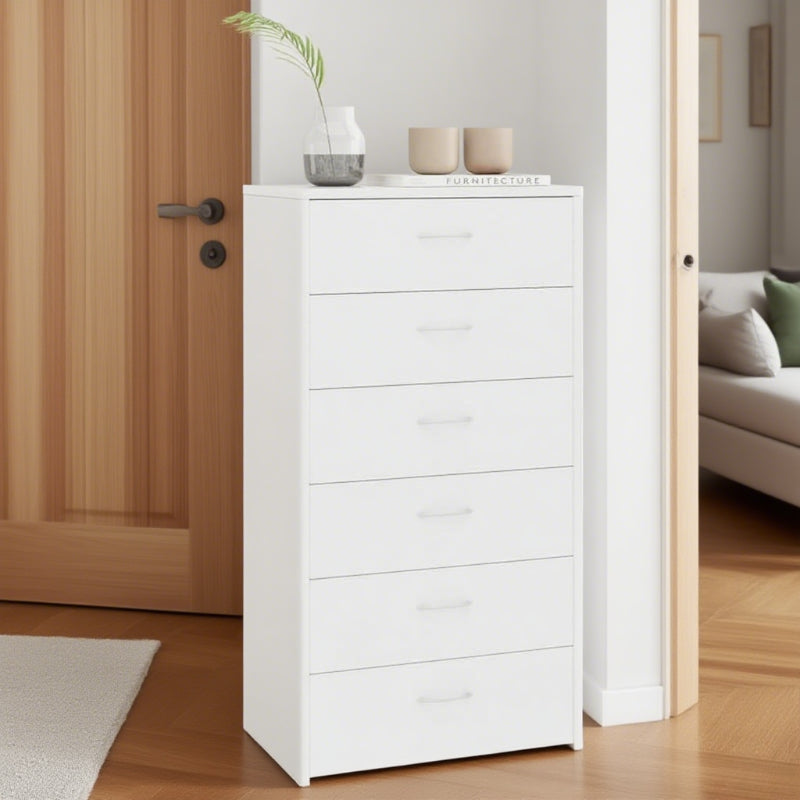 White Sideboard with 6 Drawers 50X34X96 Cm • 18Mm Plywood • Wear Resistance • Anti-Tip Lock