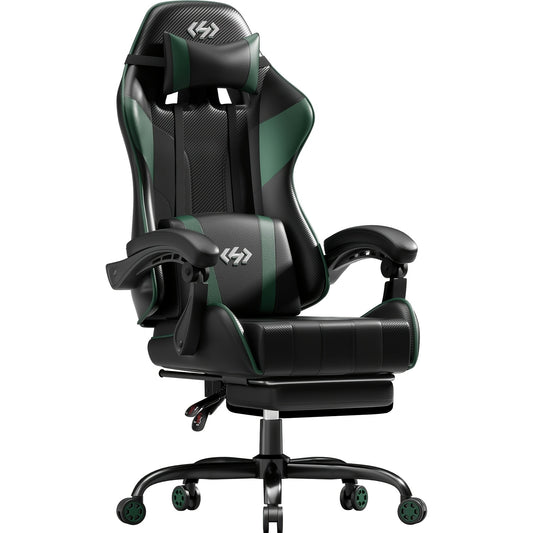 Gamingstoel – Gamestoel – Gaming Chair – Bureaustoel – Racestoel – Verstelbare Rugleuning 90°-135° – Voetensteun Met Pocketveren Kussen – Ergonomisch – Max. 150 kg Belastbaar – PU-leer Zwart/Groen