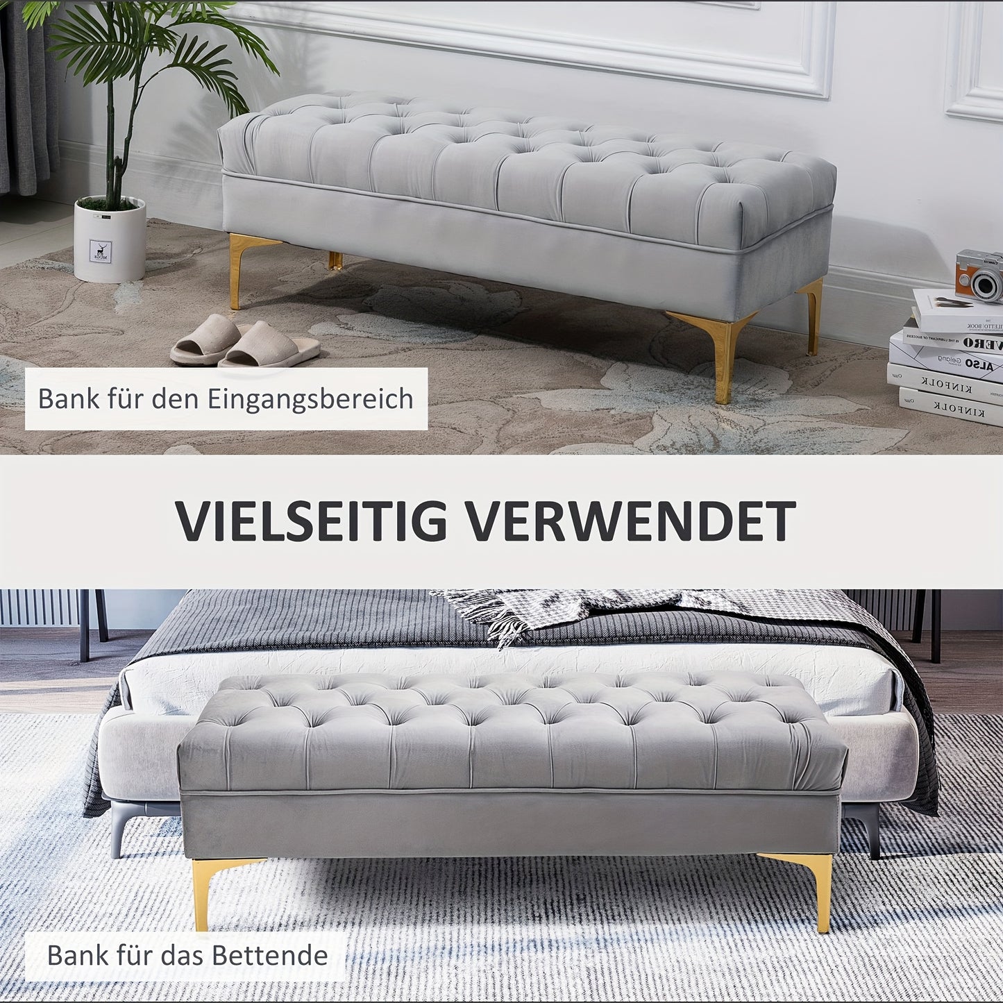 Bankje – Zitbank – Poef – Hocker – Velvet Gestoffeerd – Lichtgrijs – Gouden Metalen Poten – 118x45x42 cm – Zachte Comfortabele Zitting