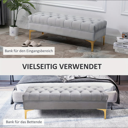 Bankje – Zitbank – Poef – Hocker – Velvet Gestoffeerd – Lichtgrijs – Gouden Metalen Poten – 118x45x42 cm – Zachte Comfortabele Zitting