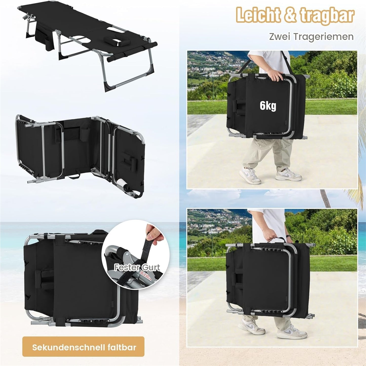 Zonnebed – Ligstoel – Tuinbed – Strandstoel – Relaxstoel – Verstelbare Rugleuning en Voetsteun – Afneembare Kussen en Zwart Design