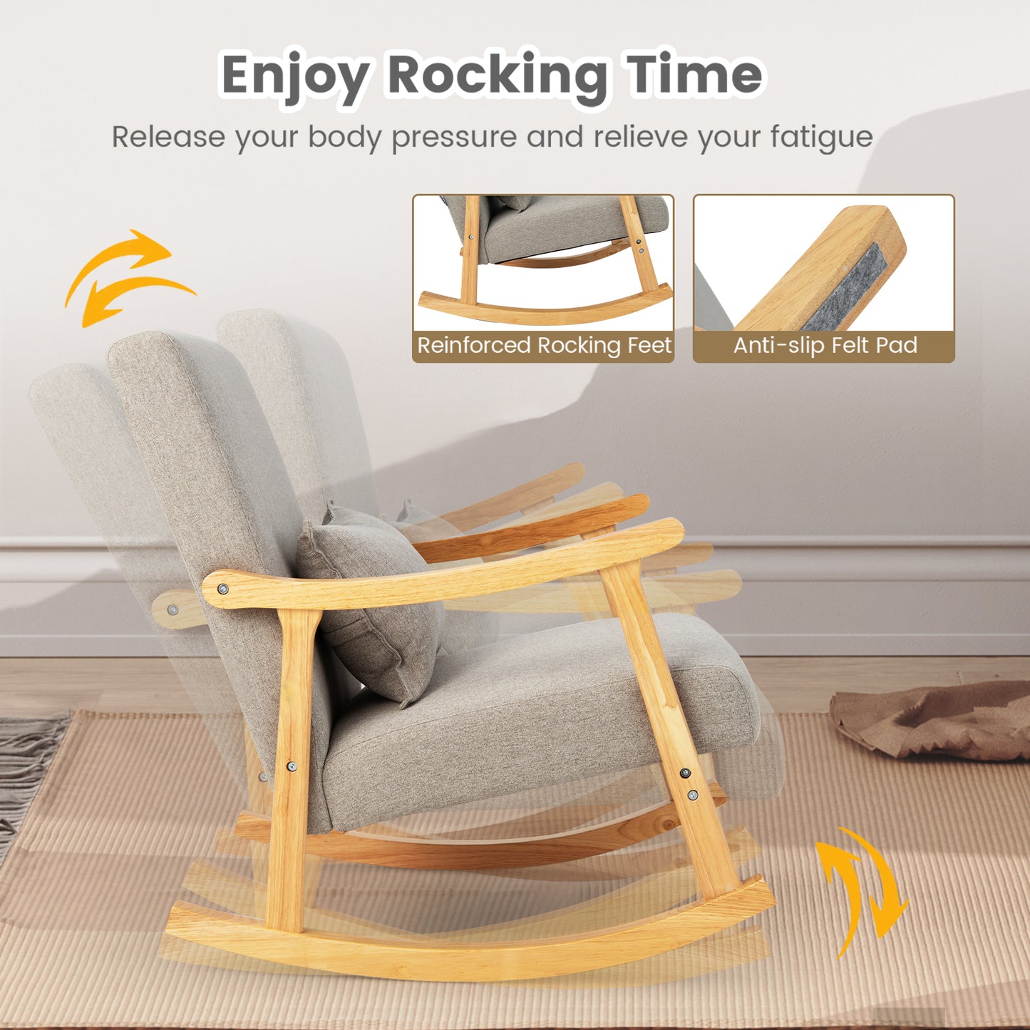 Schommelstoel – Relaxstoel – Fauteuil – Voedingsstoel – Loungestoel – Ergonomisch Met Lendenkussen – Rubberen Houten Frame