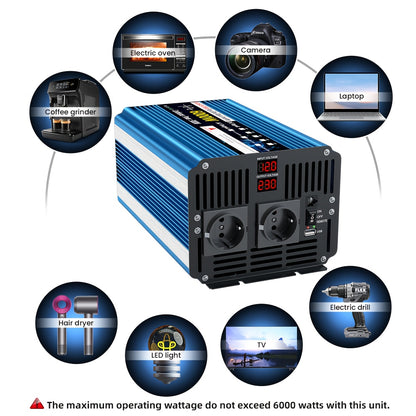 Omvormer 6000W – Spanningsomzetter – Stroomomzetter – DC naar AC Converter – Power Inverter – Zuivere Sinusgolf – LCD Display & Afstandsbediening – Compact Metalen Behuizing