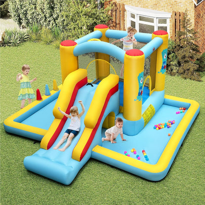 Springkussen – Springkasteel – Luchtkussen – Speeltoestel – Jump-O-Lene – Met Glijbaan & Tunnel – Inclusief Basketbalring & Ringwerpspel – Groot 394x389x194 cm – Duurzaam Oxford Polyester