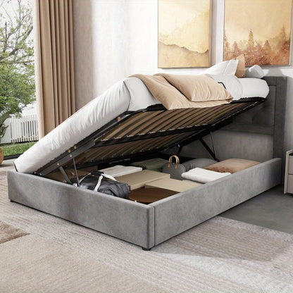 Tweepersoonsbed Chesterfield – Bed – Slaapbank – Logeerbed – Opbergbed – Grijs Velvet – Stalen Frame – Foam Hoofdbord – Opbergruimte Met Lifthendels 140x200 cm