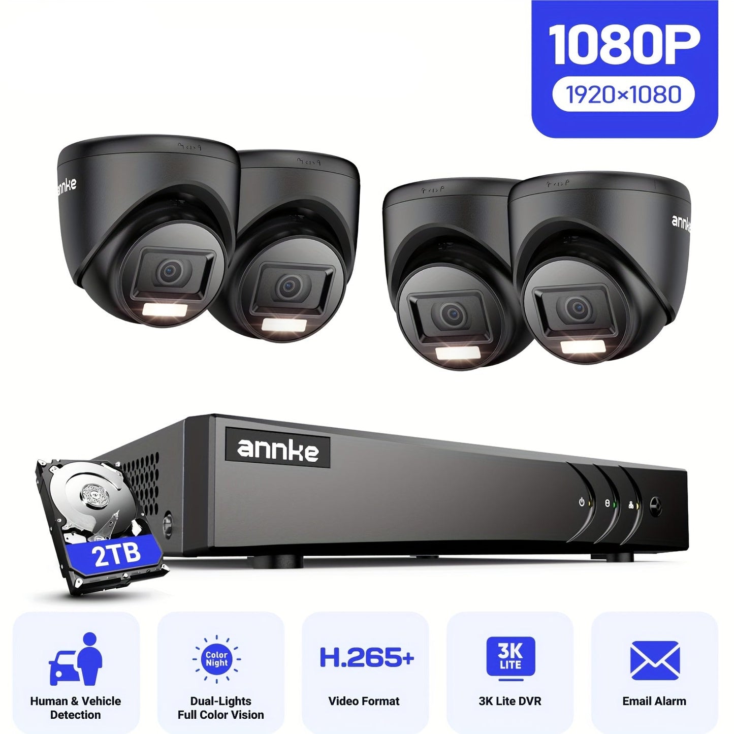 Beveiligingscamera Systeem – Camerabewaking – CCTV – Bewakingscamera – Security Camera – 8-Kanaals Bekabeld – 1080P Full HD – AI Mens- en Voertuigdetectie – 2TB Opslag – Nachtzicht 30 Meter