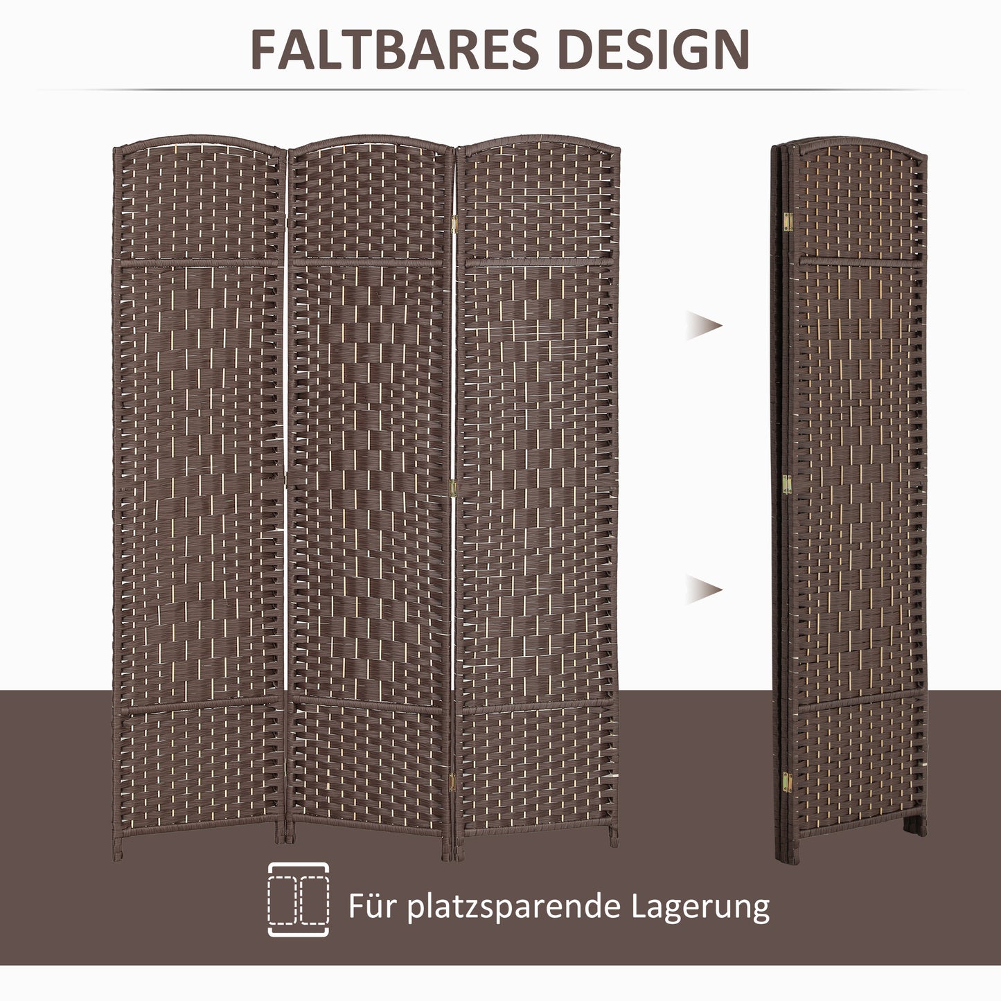 Roomdivider – Scheidingswand – Kamerscherm – Vouwscherm – Raumteiler – 3-delig Vouwbaar – Natuurlijk Dennenhout & Rotan Patroon – Bruin