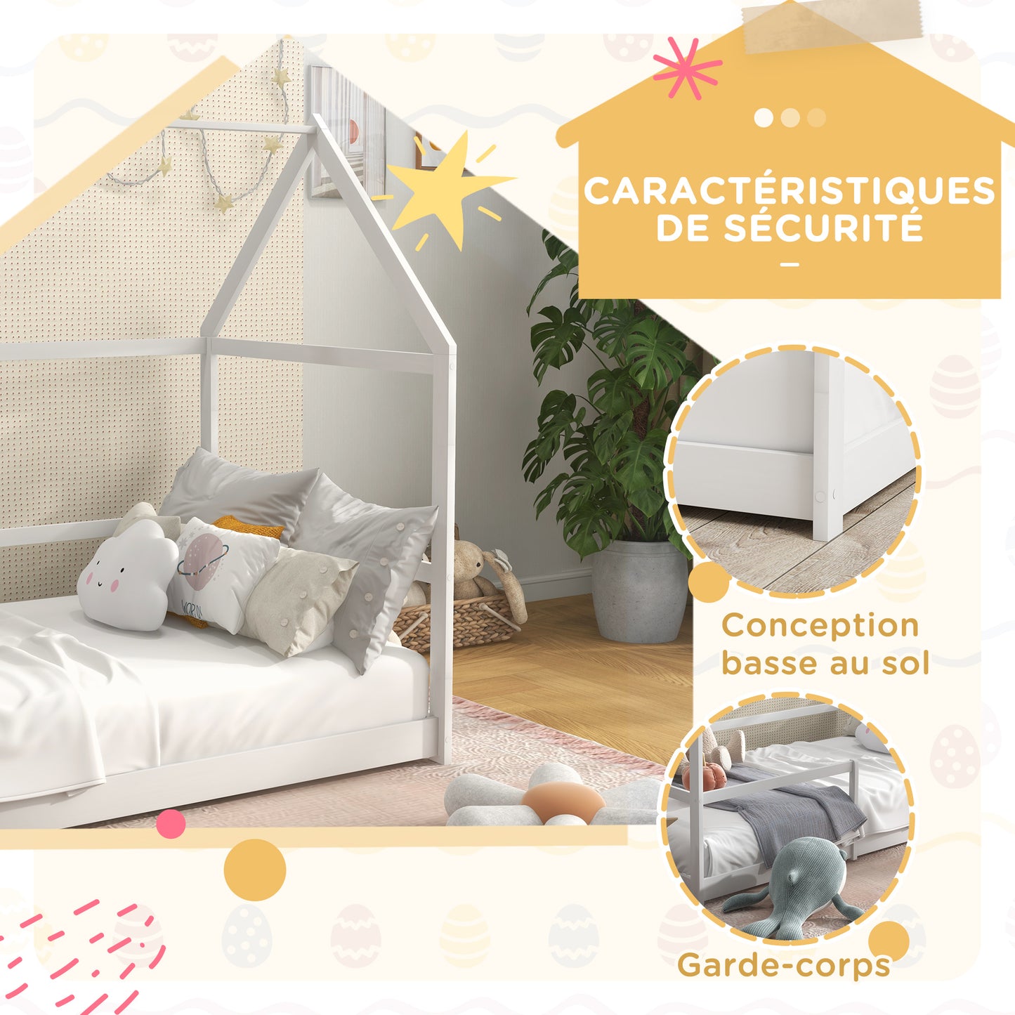 Kinderbed Huis – Cabin Bed – Bunk Bed – Speelbed – Huisbed – Houten Bed – Anti-Val Bescherming – Inclusief Lattenbodem en Dak – Wit – 90x190 cm