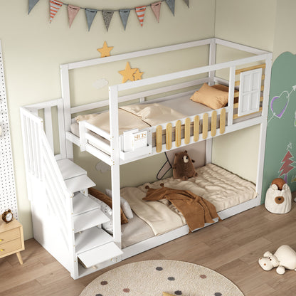 Wit Stapelbed – Kinderbed – Hoogslaper – Bovenbed – Stapelbed Met Veiligheidsnet – Drie-Delige Opbergladder – Ruimtebesparend Twin/Full Bed – Stevige Ladder Met Bescherming