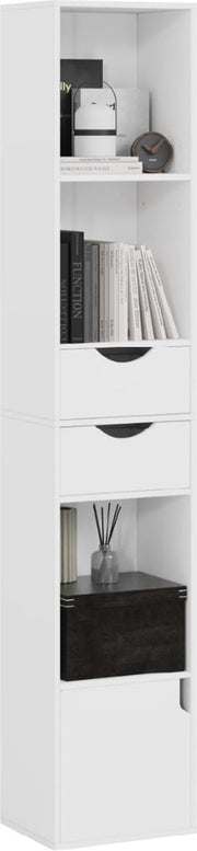 Witte boekenkast met opbergruimte – smalle plank met 3 open compartimenten, 2 lades en 1 deur – 30x158x24cm