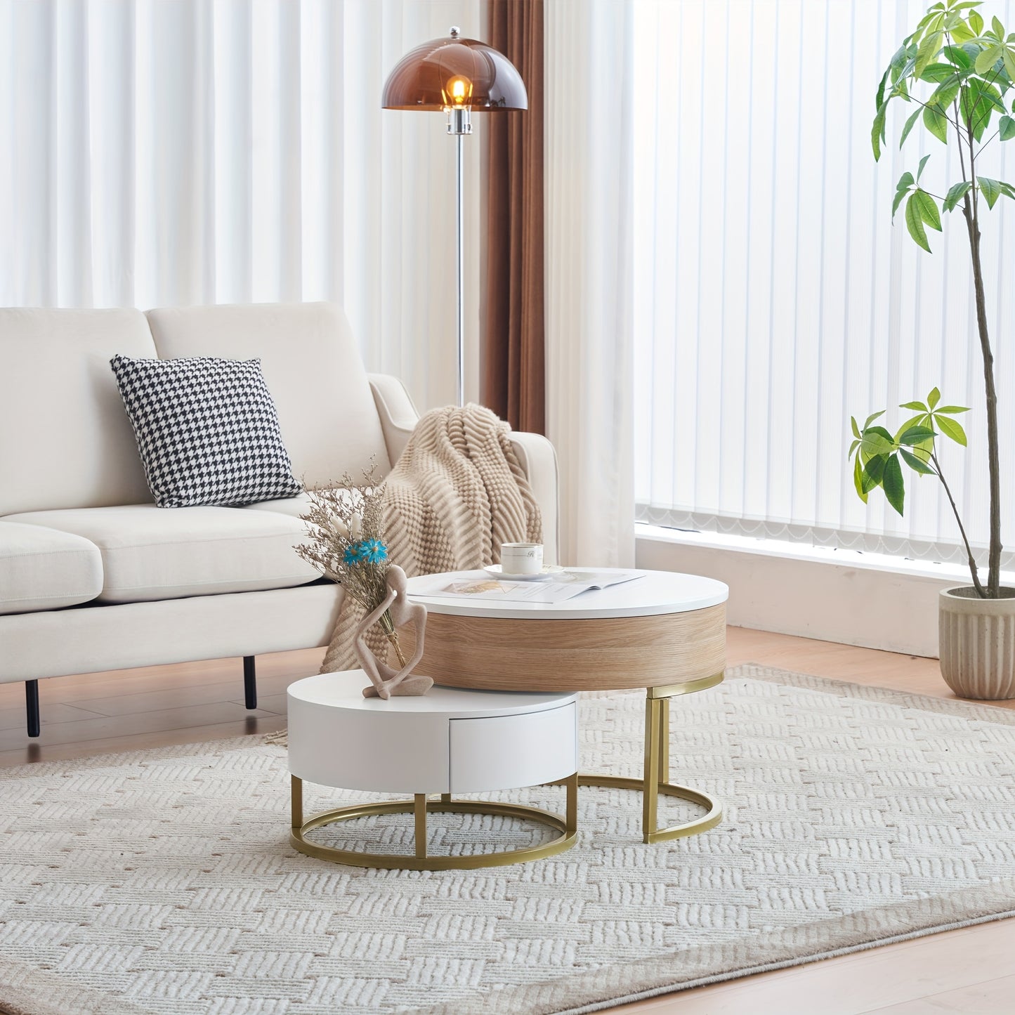 Bijzettafels – Salontafel – Side Table – Nesting Tafels – Opbergtafel – Houten Set – Inklapbaar Ontwerp – Opberglades – Wit Met Gouden Accenten