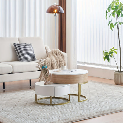Bijzettafels – Salontafel – Side Table – Nesting Tafels – Opbergtafel – Houten Set – Inklapbaar Ontwerp – Opberglades – Wit Met Gouden Accenten
