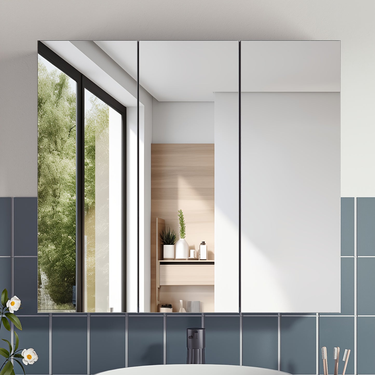 Badkamerspiegel – Spiegelkast – Wandkast – Opbergkast – Spiegelwandkast – 3 Spiegeldeuren – Verstelbare Plank – Wit – Chipboard & Glas