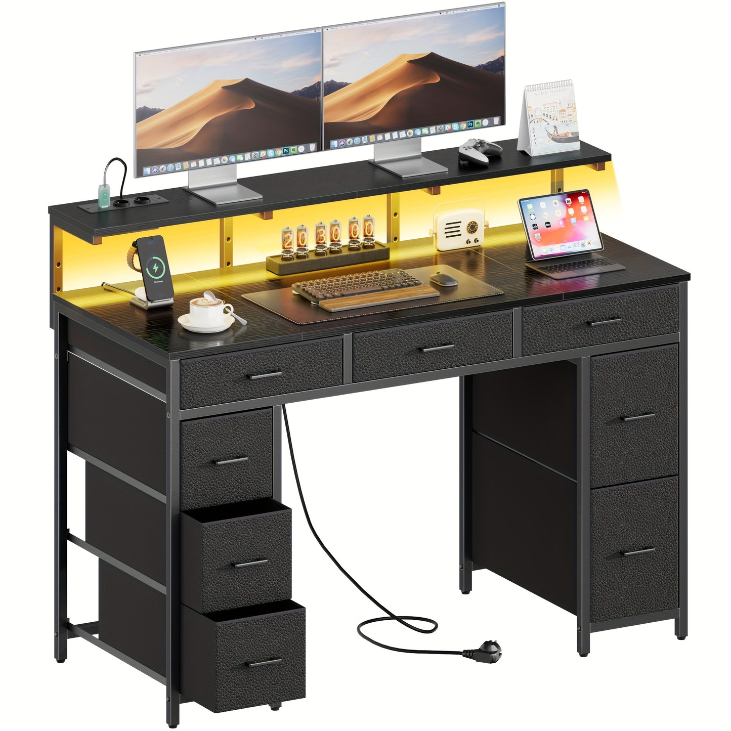 Bureau – Schrijftafel – Computerbureau – Werkplekmeubel – Gaming Desk – 47 Inch Ruim Werkblad – 8 Lades Met Stopcontacten (EU) – Verstelbare Monitorstandaard – Zwart