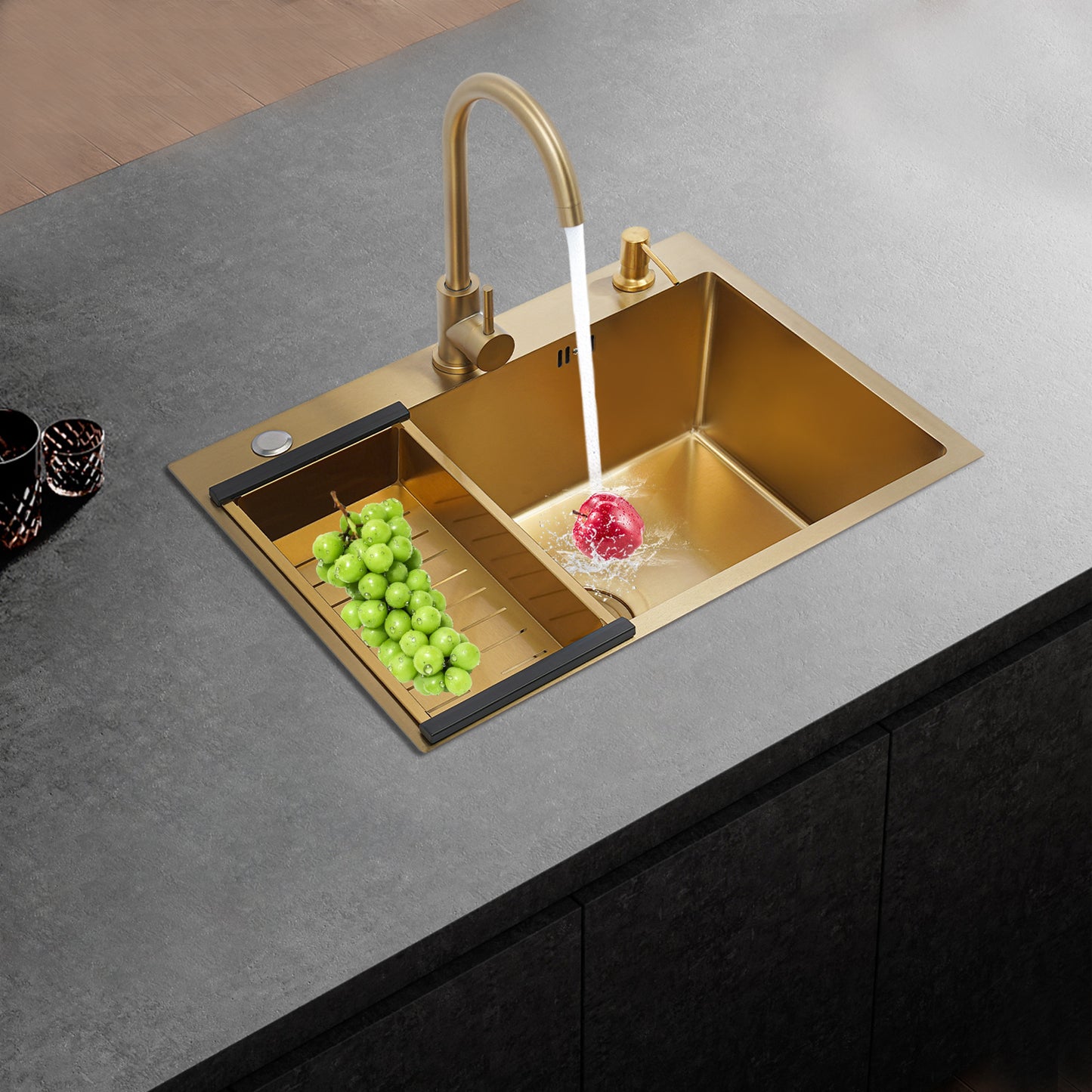 Gouden Spoelbak – Spoelbak – Keukenspoelbak – Inbouwspoelbak – RVS Spoelbak – 60 x 45 cm – 201 Roestvrij Staal Met Accessoires