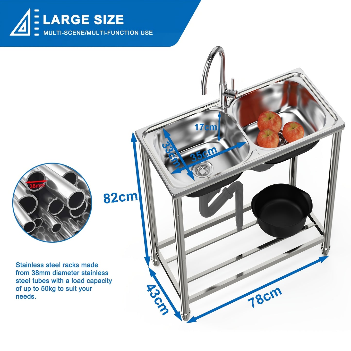 Double sink stainless steel sink with 2 basins, standalone kitchen sink with hot and cold water faucet and drainage kit, suitable for garden and camping