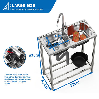 Double sink stainless steel sink with 2 basins, standalone kitchen sink with hot and cold water faucet and drainage kit, suitable for garden and camping