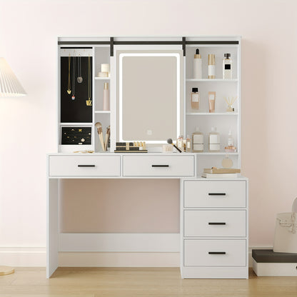 Make-up Tafel – Kaptafel – Schminktafel – Vanity Table – Toogtafel – Verstelbare LED-verlichting – Grote Draaiende Spiegel – Wit – 5 Lades – Sieradenopslag